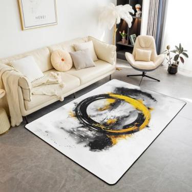 Imagem de Manfei Tapete geométrico infantil com estampa de anel abstrato, tapetes para decoração de quarto de menino e menina, moderno preto e amarelo decorativo para sala de estar, tapetes absorventes, 1,6 m x