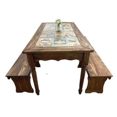 Imagem de Mesa Detalhes Azulejo 2 Bancos 1,60m Madeira Rusticos Bento