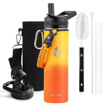 Imagem de Garrafa térmica de água RAYMYLO, aço inoxidável de parede tripla isolada a vácuo (fria por 48 h), à prova de vazamento, sem BPA, tampas de bico/canudo, infantil, escolar, 591 ml, laranja degradê