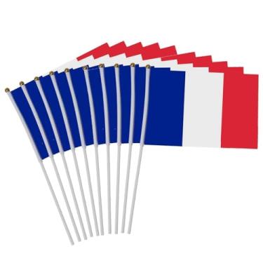 Imagem de Pacote com 20 bandeiras pequenas da França, bandeiras francesas na vara, bandeiras francesas com bastão de 12 x 20 cm, bandeira tricolor de poliéster da França para desfiles olímpicos de 2024 futebol