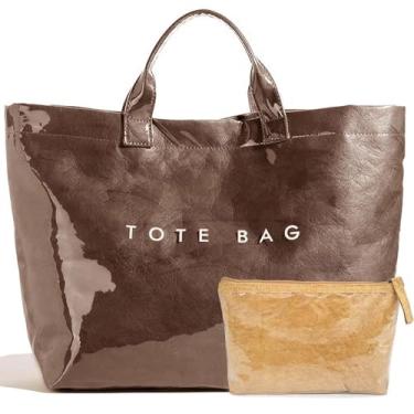 Imagem de RUNSOON Sacola moderna de PVC para mulheres, sacola de papel kraft com estampa de letras grande bolsa de trabalho com alça superior, Café, Large