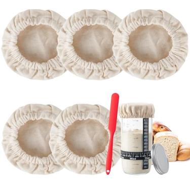 Imagem de Tampa de pote de massa fermentada, capa de pano de massa fermentada reutilizável, 5 peças de capas de pano de algodão feitas à mão para iniciantes de fermento para pão Sourdough, suprimentos para