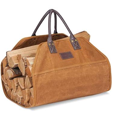 Imagem de G GOOD GAIN Lona encerada para transporte de lenha com alças de couro, suporte de madeira para lenha, bolsa de armazenamento resistente de lenha de 91 x 46 cm, bolsa interna para transporte de lenha de lareira, acessórios para fogão a lenha. Ferrugem