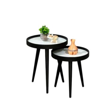 Imagem de Conjunto Mesa Lateral Redonda Barcelona com Pés Palito em Madeira Maciça Preta, Elegante com Bordas de 50mm (Preta Com Tampos Branco)