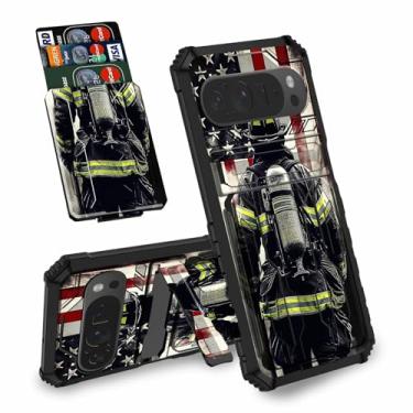 Imagem de Capa carteira de bombeiro com bandeira para Google Pixel 9 Pro XL, capa de telefone dupla camada resistente à prova de choque com compartimento para cartão destacável e suporte, ocultar cartões de