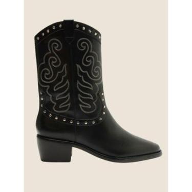 Imagem de Bota Feminina Preta Couro Cano Médio Bordado Western Arezzo-Feminino