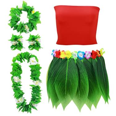 Imagem de 6 Pieces Hawaiian Aloha Girl Costume, Leaf Hula Skirt and Garland Set with Strapless Crop Top, Leaf Grass Hula Skirt, Flower Necklace Wristbands and Leis Set for Summer Women Dance Beach Party