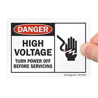 Imagem de SmartSign Etiqueta "Danger - High Voltage, Turn Power Off" de 9 x 12,7 cm, material de vinil laminado, vermelho, preto e branco