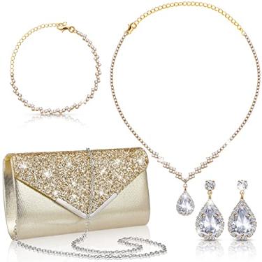 Imagem de Conjunto de joias femininas de strass para casamento, conjunto de joias de prata, brincos de strass, colar, pulseira, bolsa noturna, bolsa de mão, bolsas prateadas, para festas à noite, Bright Style