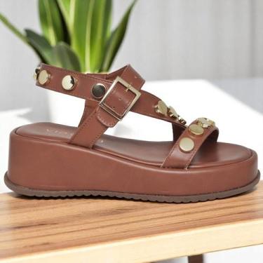 Imagem de Sandália Feminina Salto Anabela De Couro Com Spikes Estilo Blogueiras 