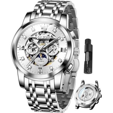 Imagem de OLEVS Relógio masculino luxuoso esqueleto automático diamante corda automática relógio mecânico presentes luminosos à prova d'água, G6721: pulseira prata e mostrador branco
