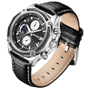 Imagem de TICKEEN Relógios masculinos analógicos de quartzo com cronógrafo à prova d'água, pulseira de couro, pulseira de couro, relógio de pulso clássico, estiloso, esportivo, casual, negócios, Preto