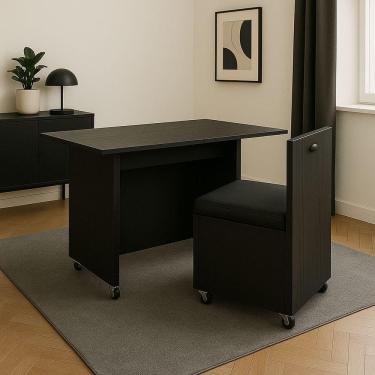 Imagem de Mesa 2 Em 1 Preto Cadeira Embutida Gavetas Home Office Estudo Rodinhas