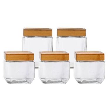 Imagem de Conjunto 5 Pote De Vidro Hermético Quadrado Tampa Bambu 3x880/2x1250ml