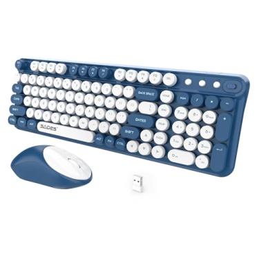 Imagem de Teclado e mouse sem fio, lindos conjuntos de teclado e mouse de máquina de escrever retrô, teclado completo 2,4 G, colorido, redondo, sem fio, com mouse silencioso para PC, janela, laptop, casa