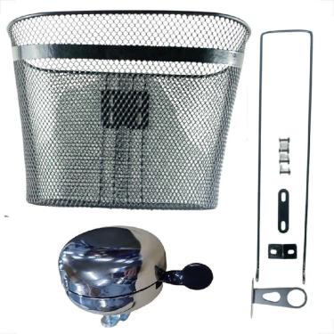Imagem de Cesta Cestinha Grande Aço com haste Bicicleta aro 39 x 30 x 29 + Campainha trim trim buzina cromada