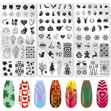 Imagem de beinkmake Conjunto de 3 peças de placas de estampagem de unhas sazonais Halloween Natal modelos de carimbos de unhas Dia dos Namorados Dia de São Patrício ferramentas reutilizáveis de metal com