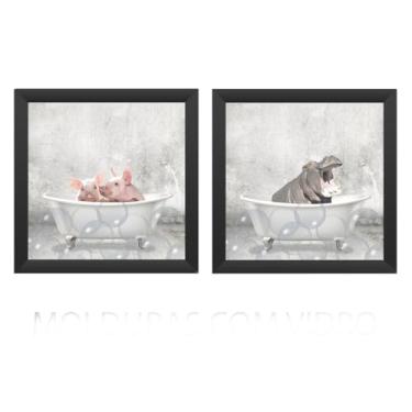 Imagem de kit 2 quadros - banheiro, toalete, lavabo - PETS molduras em madeira, sem vidros - escolha sua opção. (kit 12, Pretas)