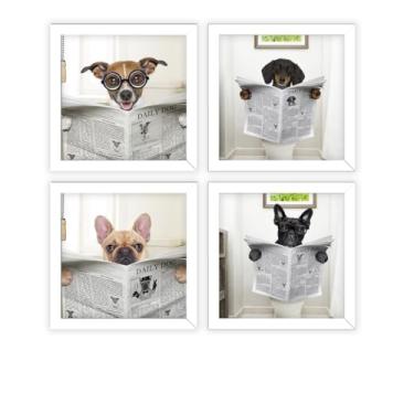 Imagem de kit 4 quadros decorativos, banheiro, lavabo, toalete, doguinhos - molduras em madeira, com vidro. (brancas)