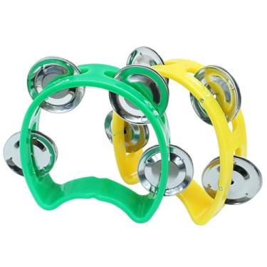 Imagem de Jiozermi 2 Pandeiros de Percussão de Plástico, Pandeiros Portáteis com 4 Sinos, Instrumentos Musicais para Crianças, Adultos, Escola e Festa (Verde/Amarelo)