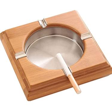 Imagem de Cinzeiro de charuto de madeira, suporte de cigarro sólido durável com 4 compartimentos, bandeja quadrada de bambu para charuto com forro de aço inoxidável