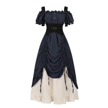 Imagem de Nuoqi Fantasia renascentista feminina com ombro de fora, camisa camponesa com cordão, saia vitoriana, azul, G