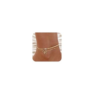 Imagem de Tornozeleiras de laço de ouro para mulheres delicadas banhado a ouro 14k corrente espinha de peixe tornozeleiras modernas laço fita tornozelo pulseiras verão praia pé jóias acessórios, Large, Zinco