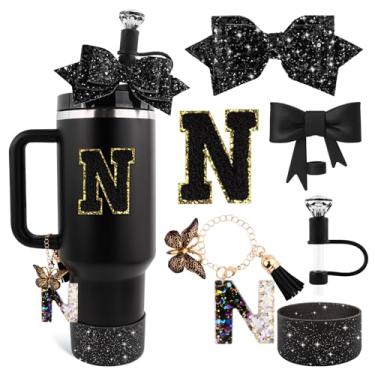 Imagem de Lingdeer Conjunto de acessórios de copo preto para Stanley 850 g e copo de 1,134 g com alça, pingentes de letras, capas de canudo de arco e diamante, bota de silicone com glitter, adesivo