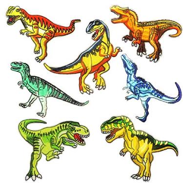 Imagem de Dinossauro Ferro em Patches Woohome 7 PCS Tiranossauro Rex Tema Logo Series Iron on Patches DIY Sew Decoração Apliques Adesivos para Jeans Jacket, Roupas, Bonés, Reparação do Buraco