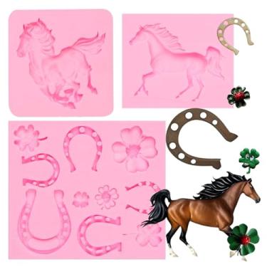 Imagem de Moldes de silicone para cavalo e ferradura, 3 pacotes de moldes de fondant com flores para decoração de bolos