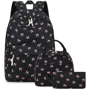 Imagem de Bluboon Conjunto de mochila para adolescentes, mochila escolar, lancheira 3 em 1, Laço rosa com fundo preto, 12" x 6.5" x 17", Escola