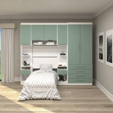 Imagem de Quarto Modulado Solteiro 6 Portas Alpes Luciane, Branco/Verde Bellagio