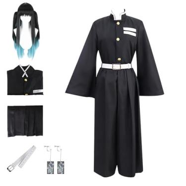Imagem de UZAIN Fantasia masculina Demon Muichiro Cosplay Tokitou Muichirou Cosplay Uniforme Quimono com Peruca Conjunto Completo de Halloween (P, Preto + Peruca)