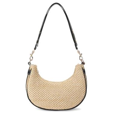 Imagem de RNIEGA Bolsa de ombro feminina de tecido de palha Hobo Bolsa de praia leve de verão com alça ajustável, Preto