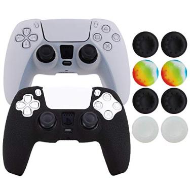 Imagem de Capa para controle PS5, capa protetora de silicone Hikfly para controle Sony PlayStation5, kits de placas frontais de videogame, pacote de 2 peças com 8 tampas de aperto de polegar