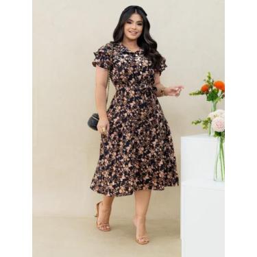 Imagem de Vestido Feminino Midi Soltinho Estampado Rodado Cintura Marcada Elegan