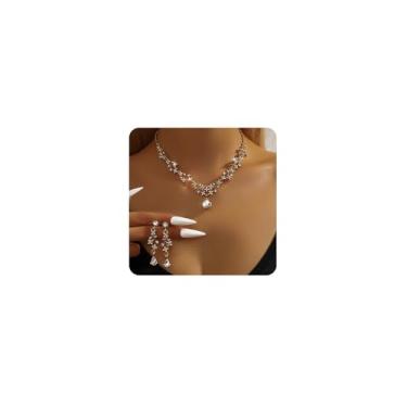 Imagem de fxmimior Conjunto de brincos de gargantilha com pingente de gota de cristal brilhante com pingente de gota e pingente de gota para mulheres, Medium, Metal, Cristais