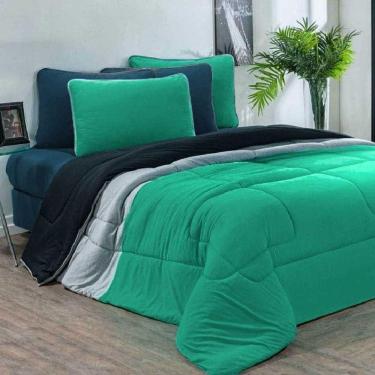 Imagem de Kit Edredom Malha 100% Algodão Urbano 3 Peças Queen - Verde Jade-mescla-preto