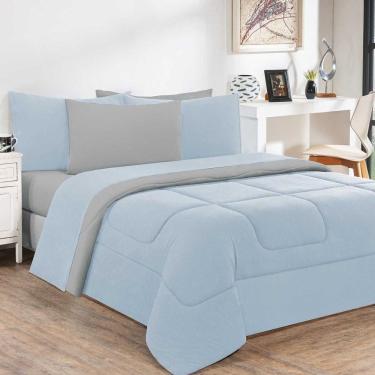 Imagem de Kit Edredom Malha 100% Algodão Gran Moratta 3 Peças Queen - Azul Bebê-cinza