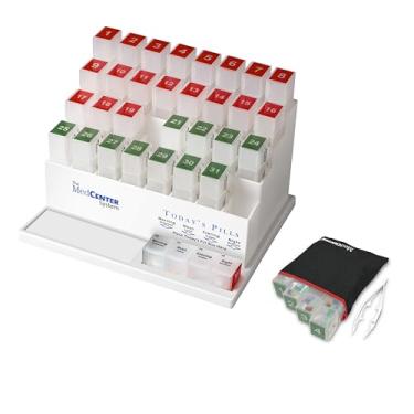 Imagem de MedCenter Organizador de comprimidos de viagem com bolsa com zíper e pinças – Estojo portátil de medicamentos de 4 dias com compartimentos rotulados para viagens, vitaminas e suplementos