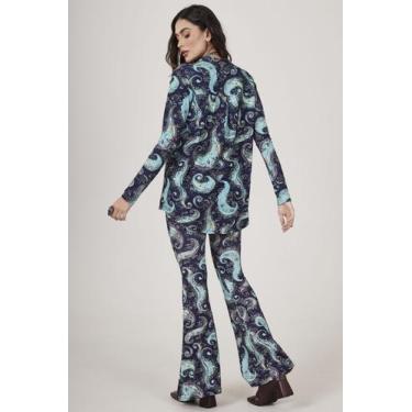 Imagem de Calça Flare Com Bolsos Azul Estampa Cashmere Yacamim A15, M, Azul