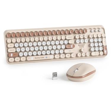 Imagem de Mosptnspg Teclado e mouse bege neutro, sem fio, 2,4 GHz, lindo conjunto de teclado marrom com teclas redondas de máquina de escrever retrô para meninas, Windows, computadores, laptops, PC (ponto