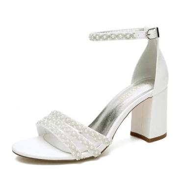 Imagem de YWXYMGE Sandália feminina branca de salto bloco, bico aberto, tira no tornozelo, sapatos de casamento de pérola para noiva, damas de honra, mãe da noiva, formatura, noite, coquetel, vestido de baile