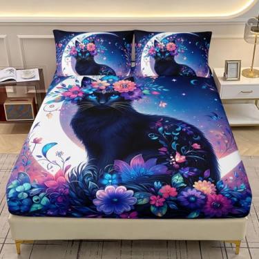 Imagem de AILONEN Jogo de cama solteiro de gato preto, floral de fada, olhos azuis, 3 peças, lençol com elástico e 2 fronhas