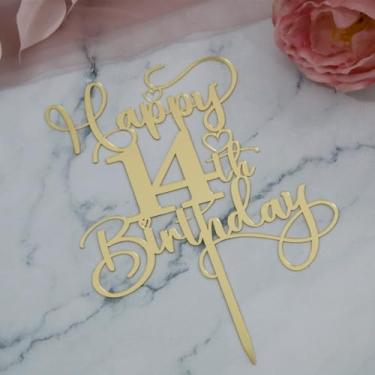 Imagem de Ruscalin Happy 14th Birthday Cake Topper，Mirrored Gold Acrylic Birthday Topper for Cheers to 14 Years Birthday/Anniversary Party Decoration Ideas, Perfect Keepsake for your family and friends(14th)