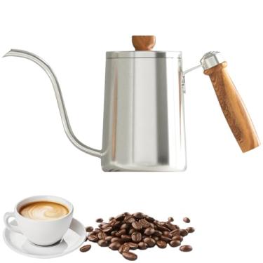 Imagem de Chaleira Mini Bico de Ganso com Cabo de Madeira, 600ml para 2 Xícaras, Bico Longo Estreito em Aço Inoxidável, Pequena Chaleira para Chá, Água, Café para Coar, Cafeteira de Gotejamento, Bule. (Prata)