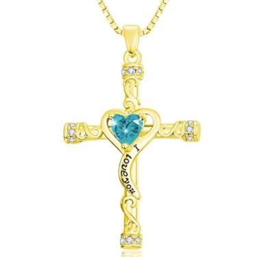 Imagem de VANAODUC Colar feminino com cruz de pedra do mês de nascimento, ouro 14K, ouro branco 18K, ouro rosa, pingente feminino I Love You, presente de aniversário e Natal para sua mãe, esposa, namorada