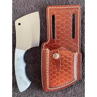 Imagem de Mini Cutelo Country Médio Artesanal com Lâmina Inox 420 de 8cm, Cabo em Madeira Nobre Muirapiranga- Bainha Couro Legítimo – Resistente e Ideal para Uso Rural, Churrasco, Cozinha em Geral (Branco)