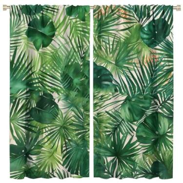 Imagem de Cortina blackout de folhas de floresta tropical - Folha de palmeira tropical estampa de planta verde natural escurece cortina de privacidade decorada quarto sala de estar apartamento bolso para janela