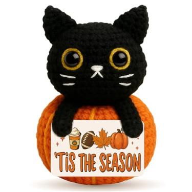 Imagem de Mini Crochet Black Cat Fall Gift – ‘Tis the Season Pumpkin Plush Decoration – Handmade Cute Desk Ornament for Tiered Tray, Shelf, or Thanksgiving Fall Decor